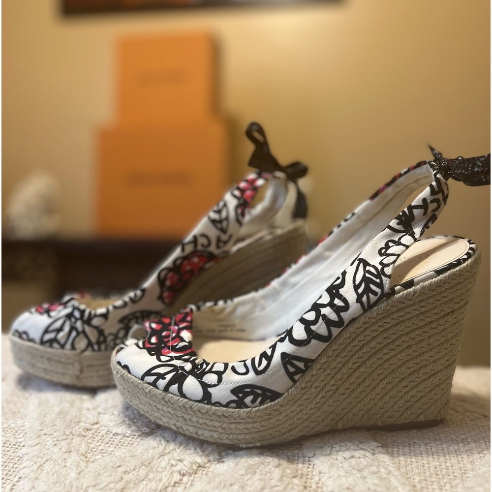 Coach White Black Floral Espadrille Wedges with Pink Accents